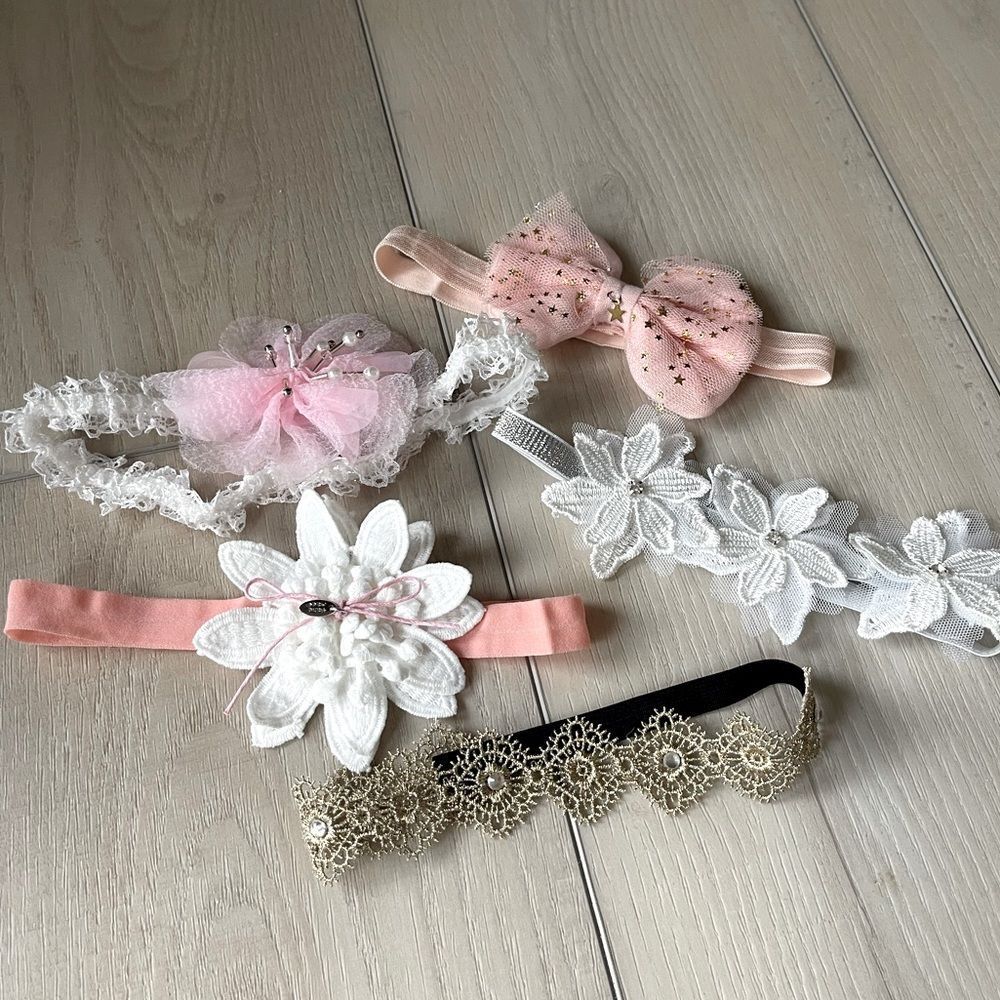 Baby Headbands Set of 5 - Floral Boho Tulle Hair Accessories Pink White Gold NEW